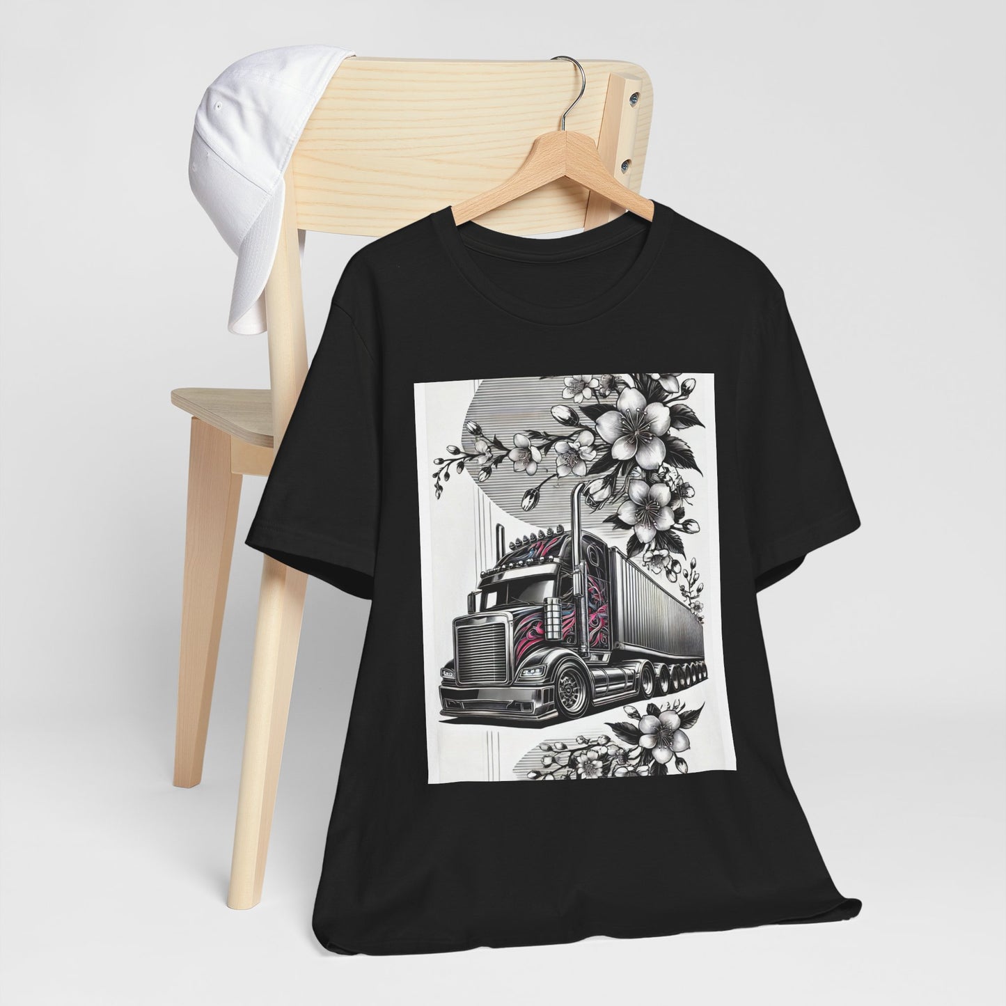 Cherry Blossom Convoy T-Shirt | Japanese Sakura x Modern Truck Art | Unique Graphic Tee for Drivers & Streetwear Lovers No.002