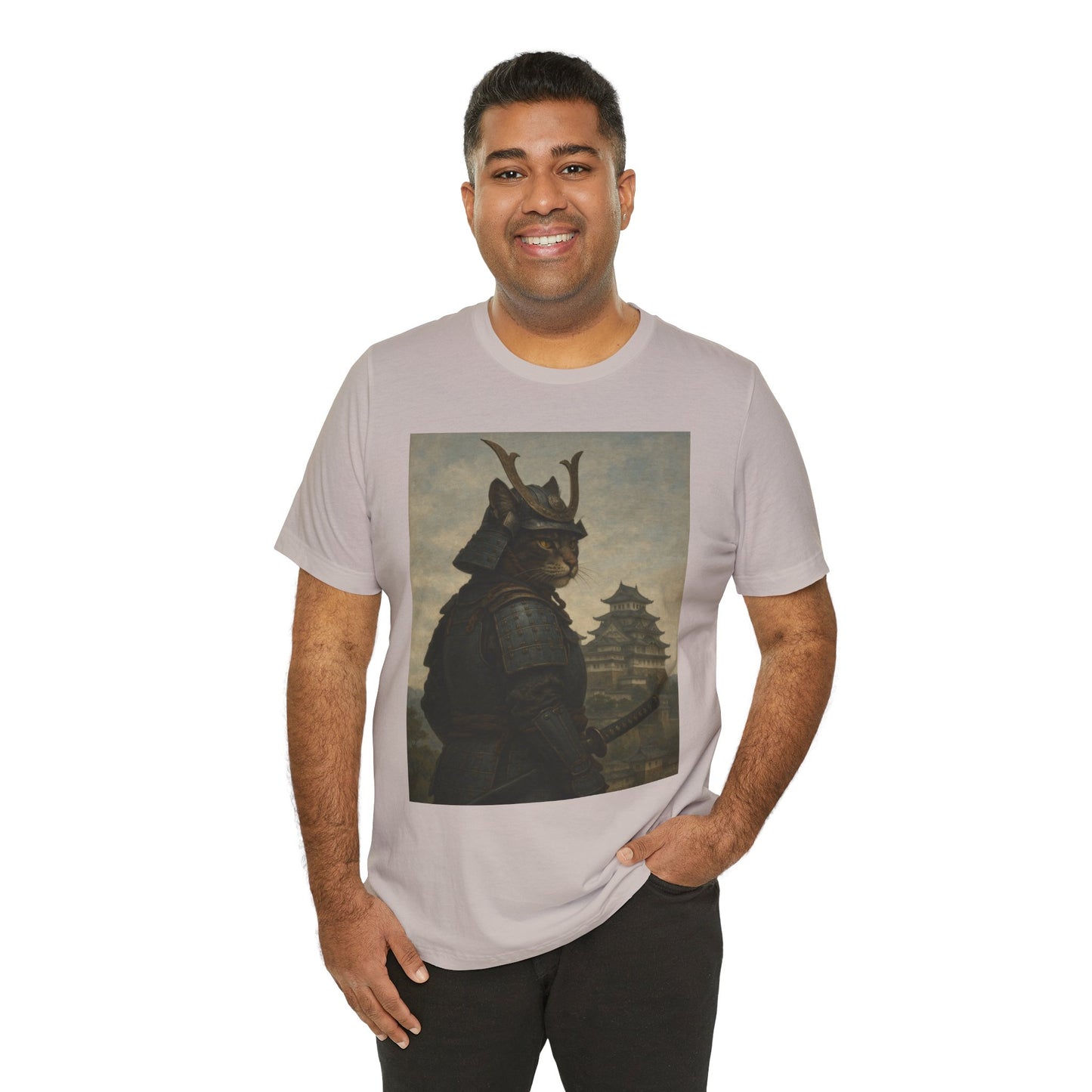 Cat Samurai Vigil Tee | Armored Feline Warrior w/ Castle Backdrop | Japanese Art Unisex Shirt