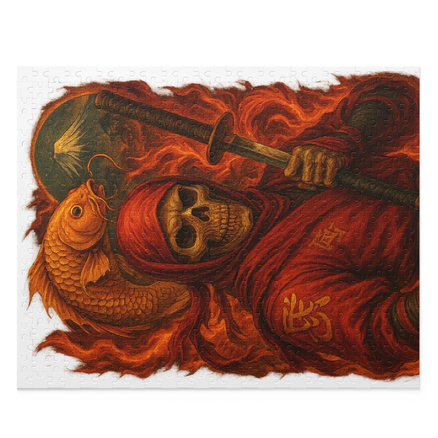 Dark Ninja Skull Puzzle-Gothic Japanese Horror Art, Golden Koi & Fire, High-Detail Mystery Warrior Jigsaw for Adults, Unique Gift Idea