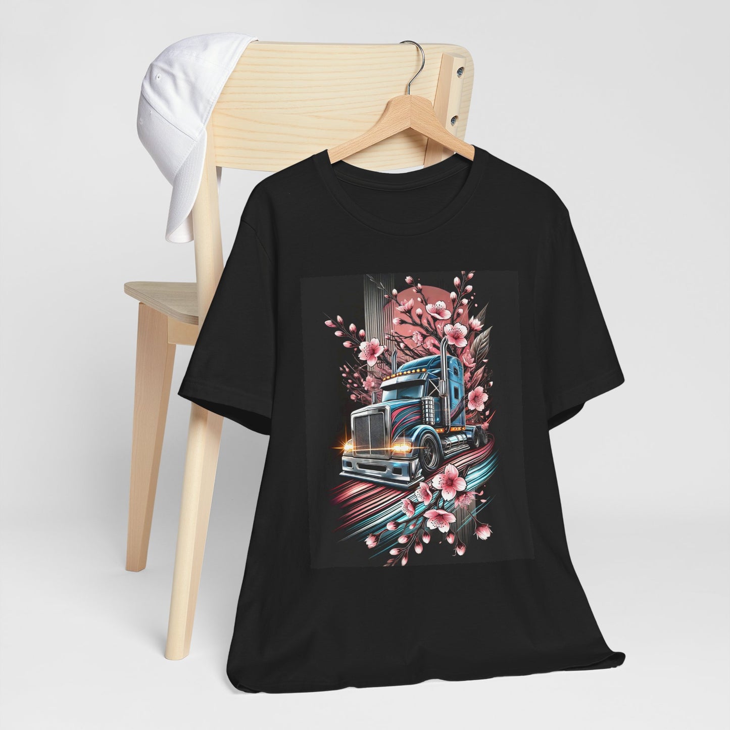 Cherry Blossom Convoy T-Shirt | Japanese Sakura x Modern Truck Art | Unique Graphic Tee for Drivers & Streetwear Lovers No.006