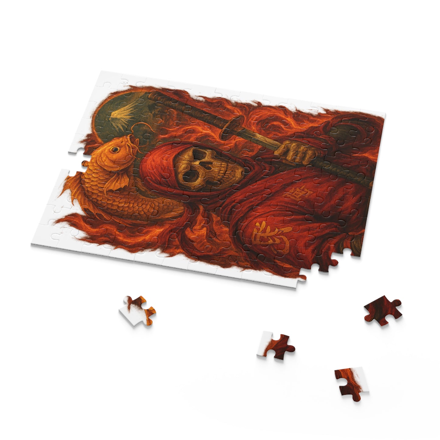 Dark Ninja Skull Puzzle-Gothic Japanese Horror Art, Golden Koi & Fire, High-Detail Mystery Warrior Jigsaw for Adults, Unique Gift Idea