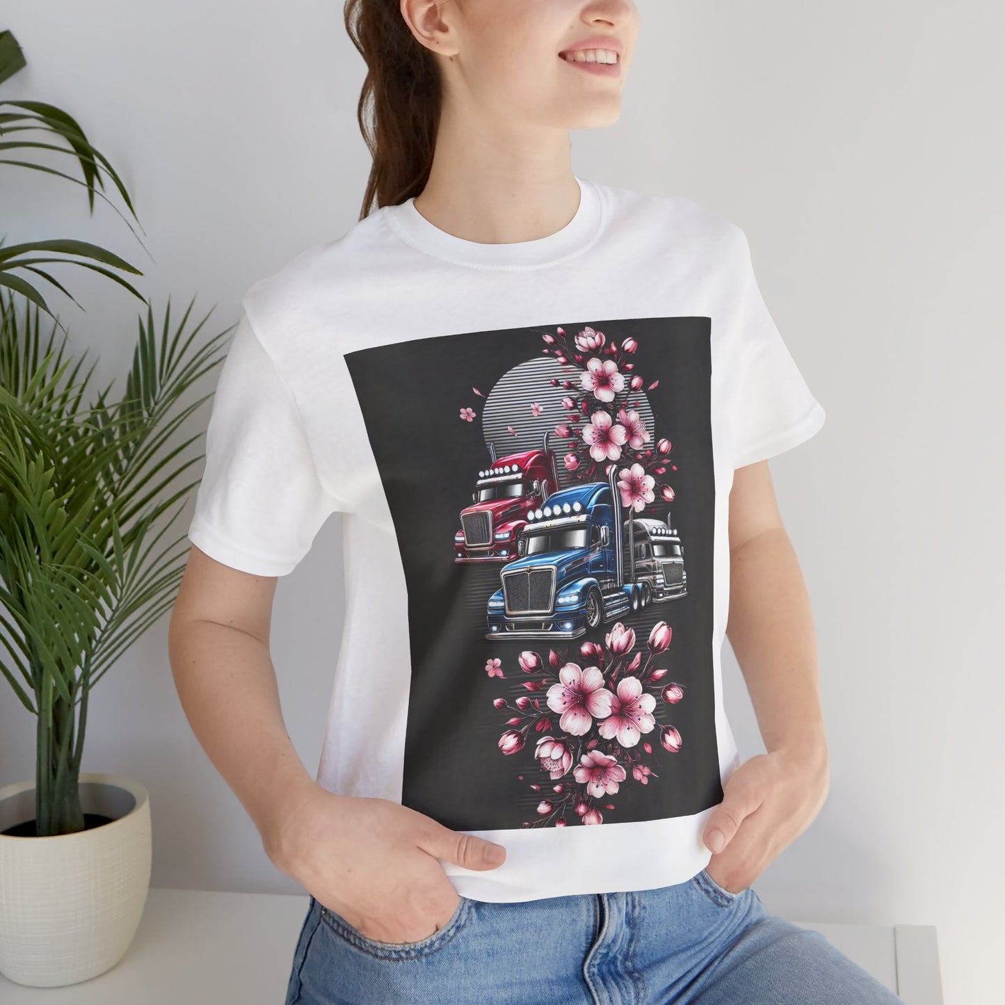 Cherry Blossom Convoy T-Shirt | Japanese Sakura x Modern Truck Art | Unique Graphic Tee for Drivers & Streetwear Lovers No.005