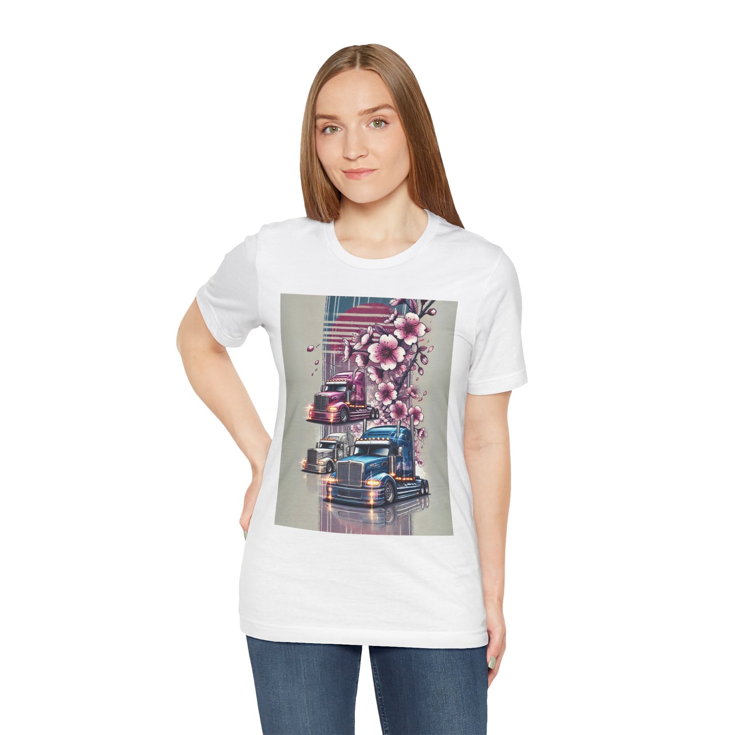 Cherry Blossom Convoy T-Shirt | Japanese Sakura x Modern Truck Art | Unique Graphic Tee for Drivers & Streetwear Lovers No.004
