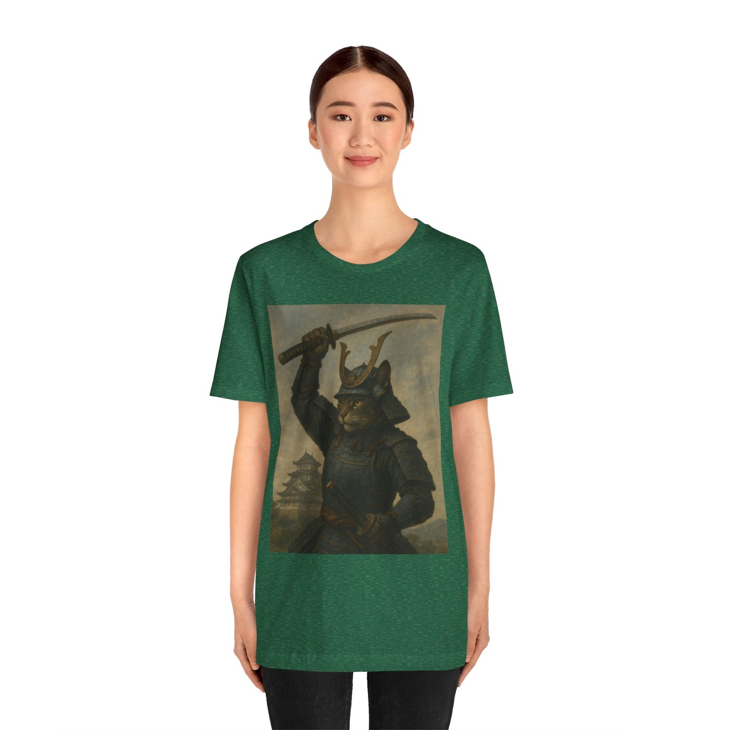 Cat Samurai Strike Tee | Epic Armored Feline Raising Katana | Japanese Warrior Art Unisex Shirt