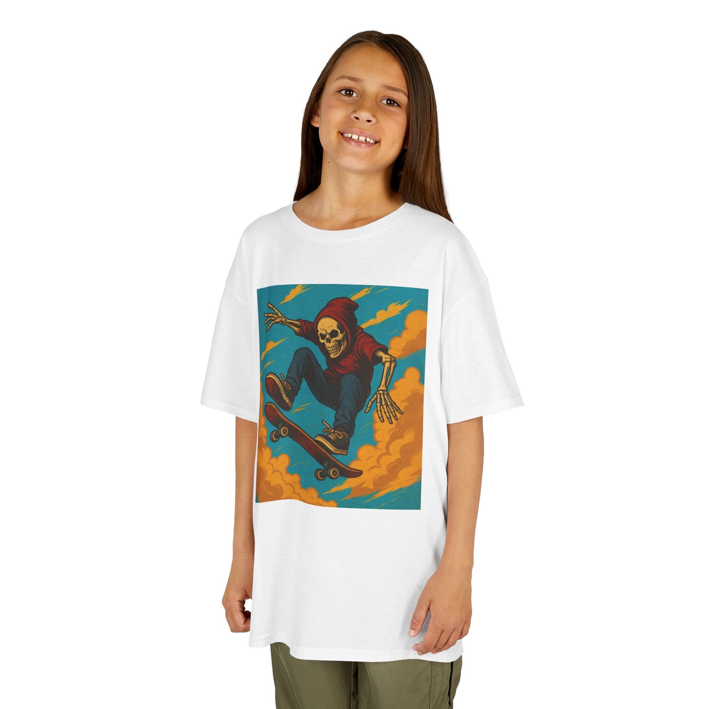 Colorful Skeleton Skater Hoodie Shirt for Kids - Bold Comic Art Skateboarding Tee - Cool Gift for Boys or Girls Who Love Street Style