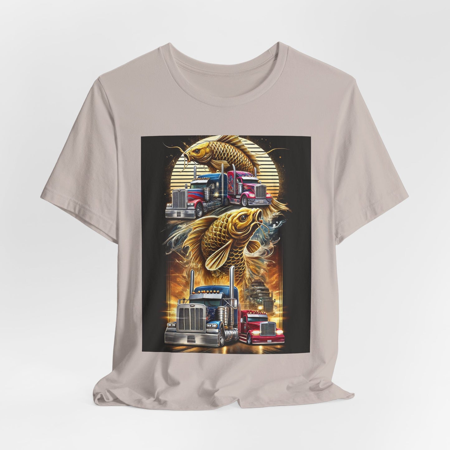 Bold Koi & Truck Fusion T-Shirt | Japanese Golden Carp AND Convoy Art Tee | Vibrant Streetwear for Truckers AND Tattoo Fans