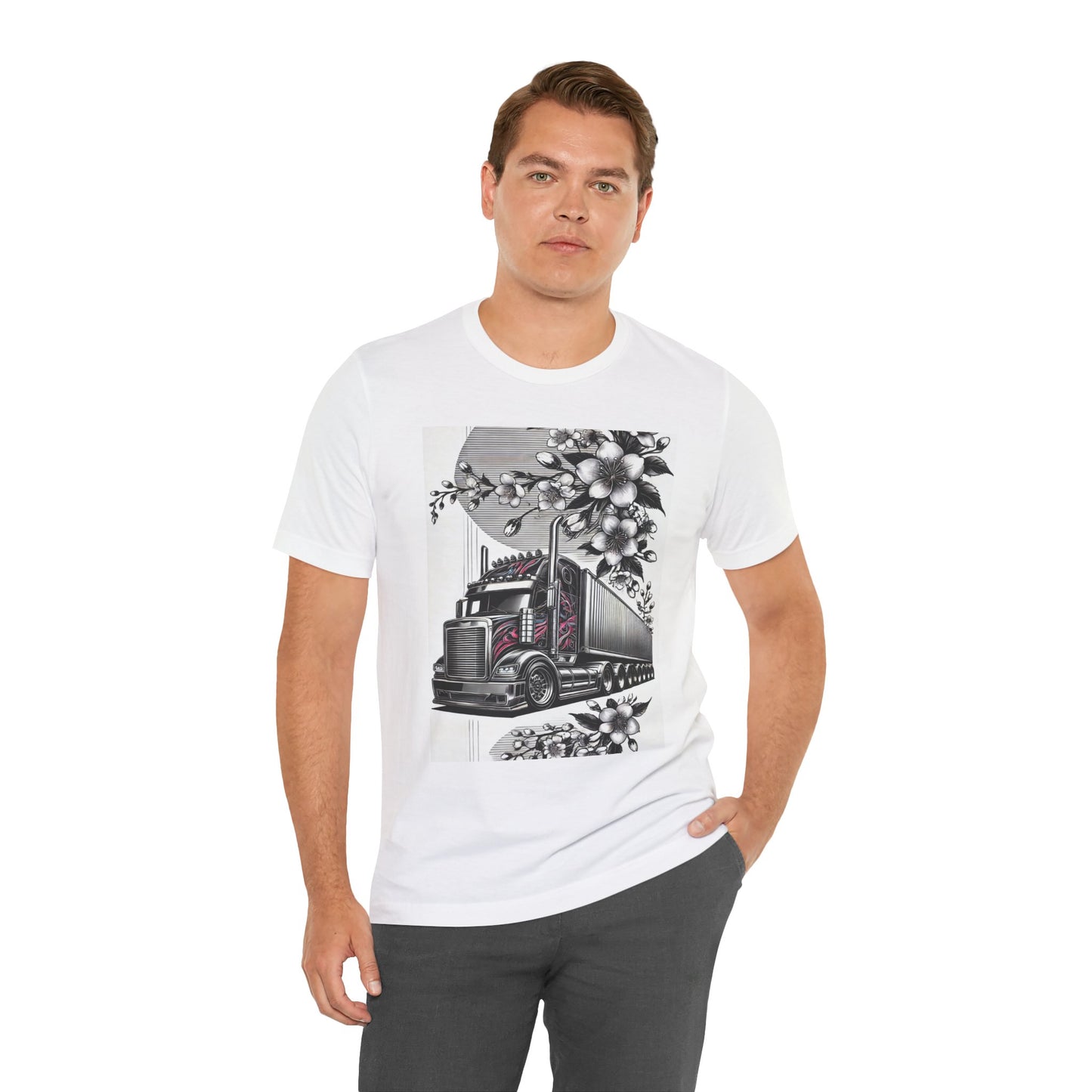 Cherry Blossom Convoy T-Shirt | Japanese Sakura x Modern Truck Art | Unique Graphic Tee for Drivers & Streetwear Lovers No.002