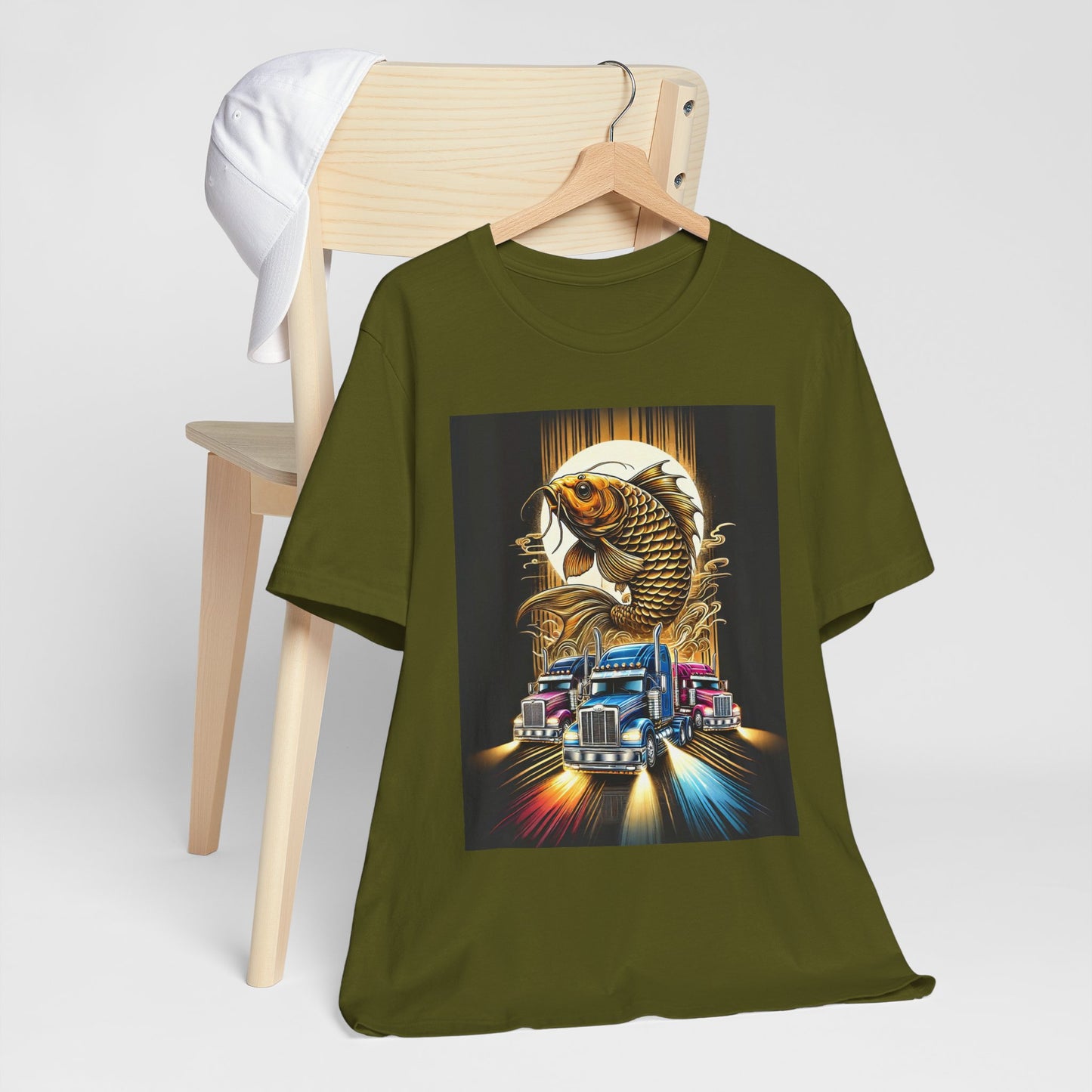 Bold Koi & Truck Fusion T-Shirt | Japanese Golden Carp AND Convoy Art Tee | Vibrant Streetwear for Truckers AND Tattoo Fans No.2