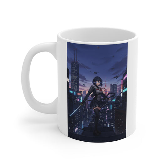 Cyber Ninja Girl Mug Tokyo Skyline Anime Coffee Cup Futuristic Samurai Sword Otaku Gift for Daughter or Dad Gaming Desk Decor