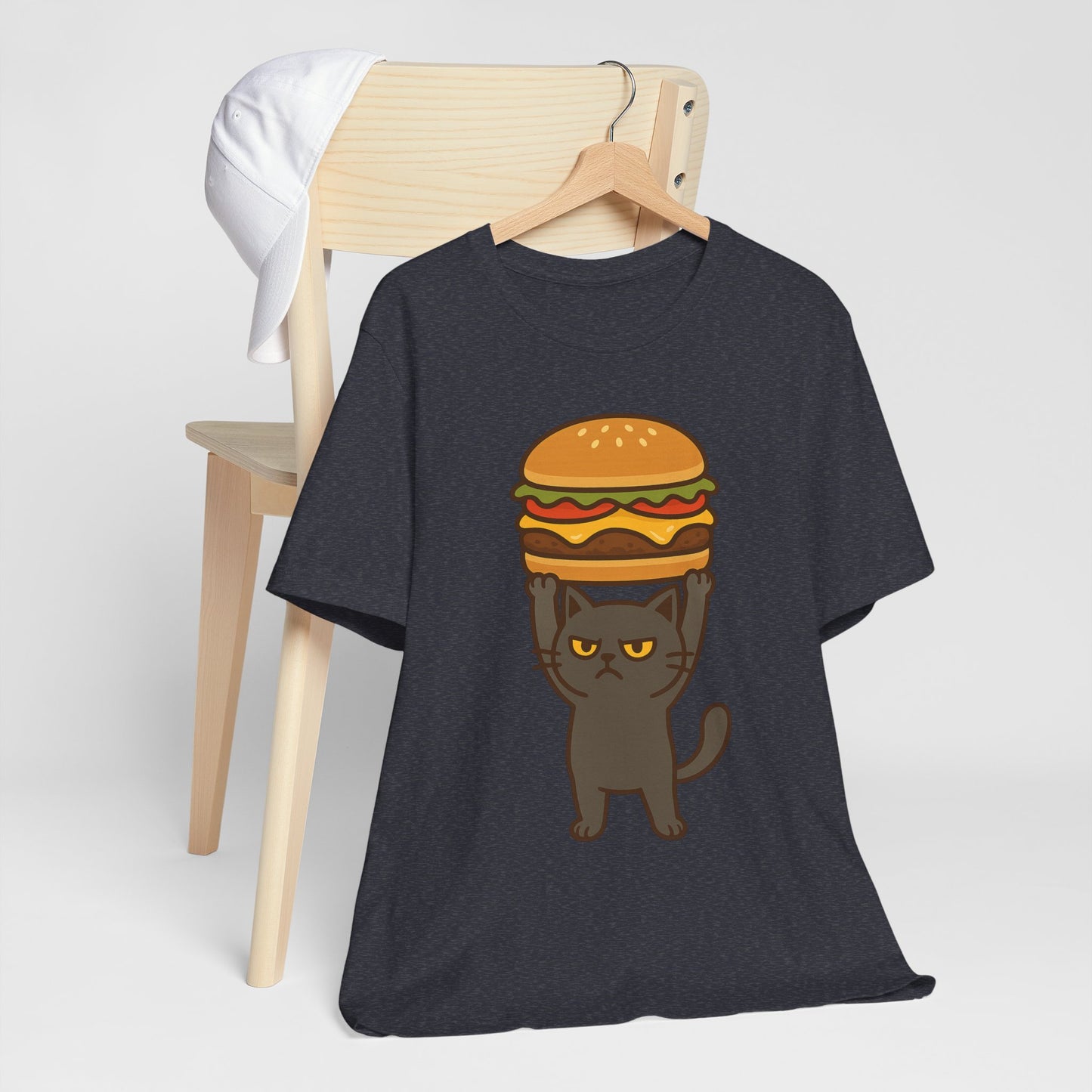 "Hanba-nyaa~" Cute Japanese Cat T-Shirt – Funny Burger & Cat Design – Kawaii Style Unisex Tee – Gift for Food & Cat Lovers