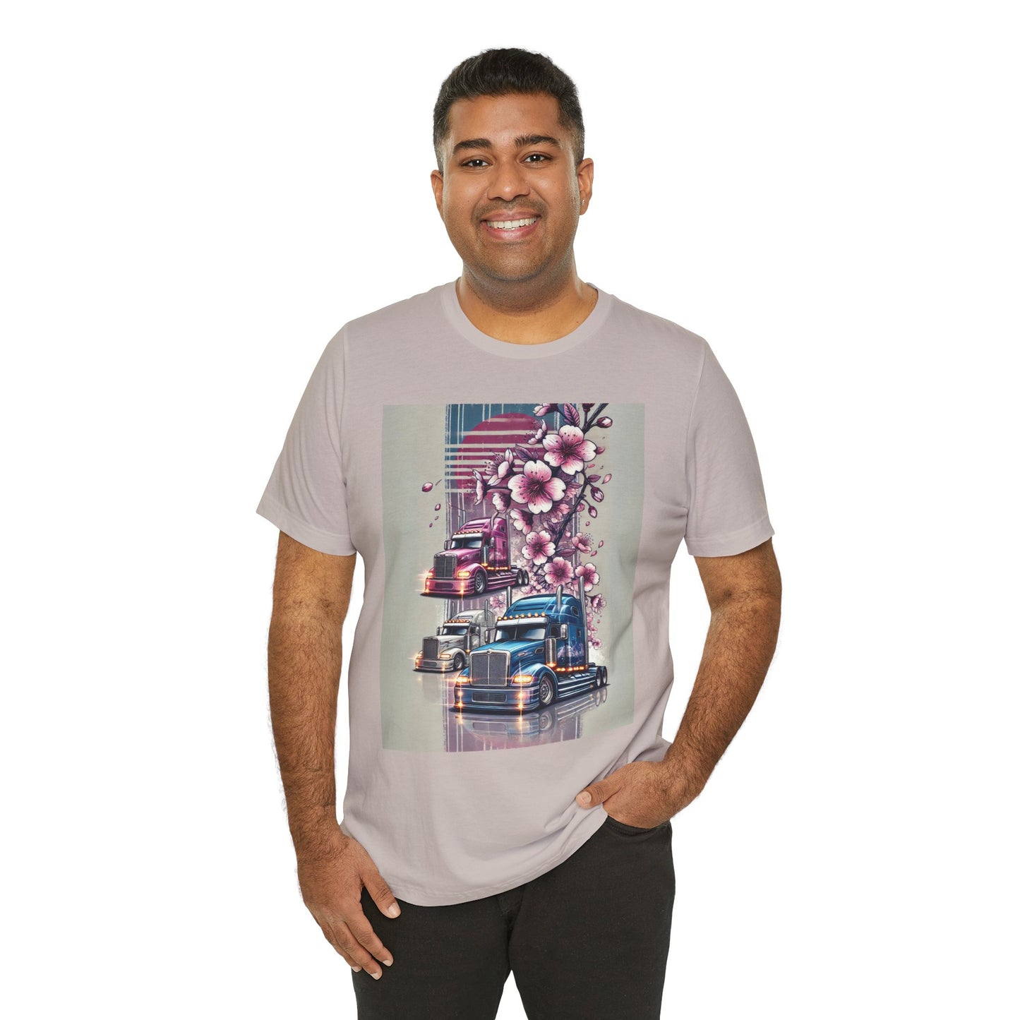 Cherry Blossom Convoy T-Shirt | Japanese Sakura x Modern Truck Art | Unique Graphic Tee for Drivers & Streetwear Lovers No.004