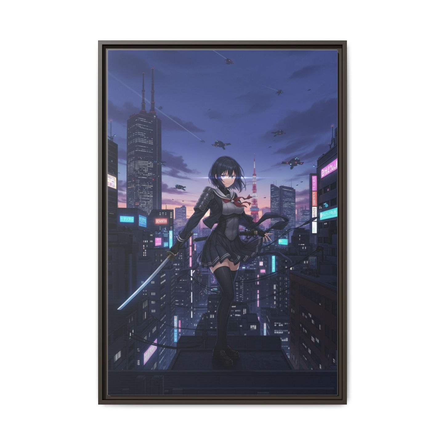 Cyber Ninja Girl Canvas Tokyo Skyline Anime Wall Art Futuristic Night City Samurai Sword Gift for Daughter or Dad Gaming Room Decor