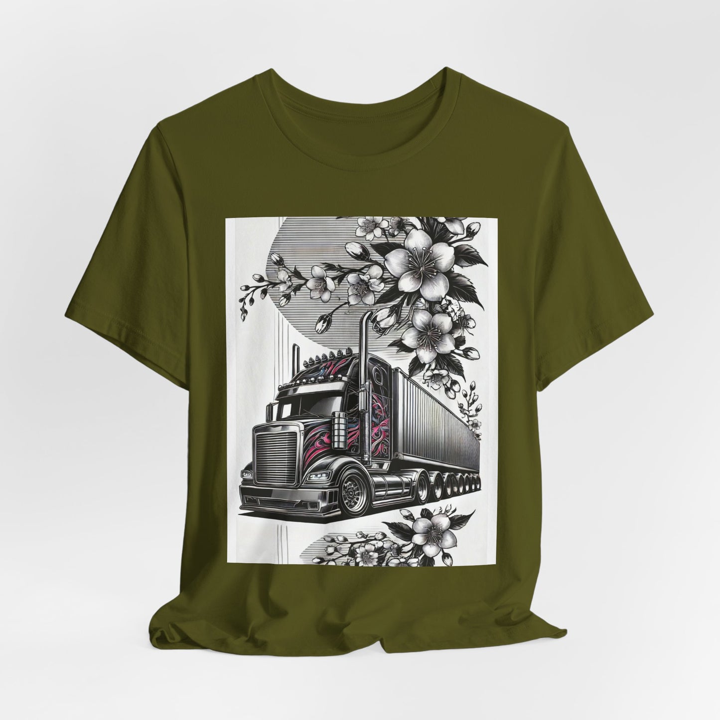 Cherry Blossom Convoy T-Shirt | Japanese Sakura x Modern Truck Art | Unique Graphic Tee for Drivers & Streetwear Lovers No.002
