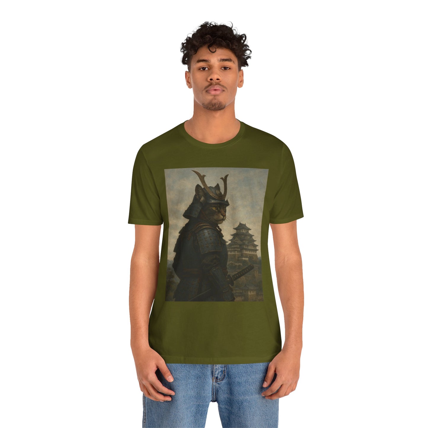 Cat Samurai Vigil Tee | Armored Feline Warrior w/ Castle Backdrop | Japanese Art Unisex Shirt
