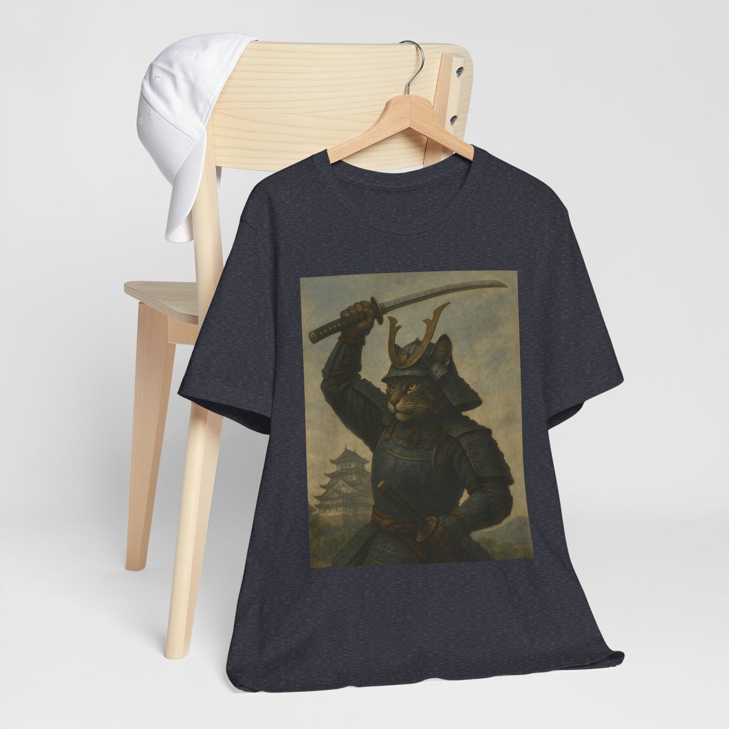Cat Samurai Strike Tee | Epic Armored Feline Raising Katana | Japanese Warrior Art Unisex Shirt