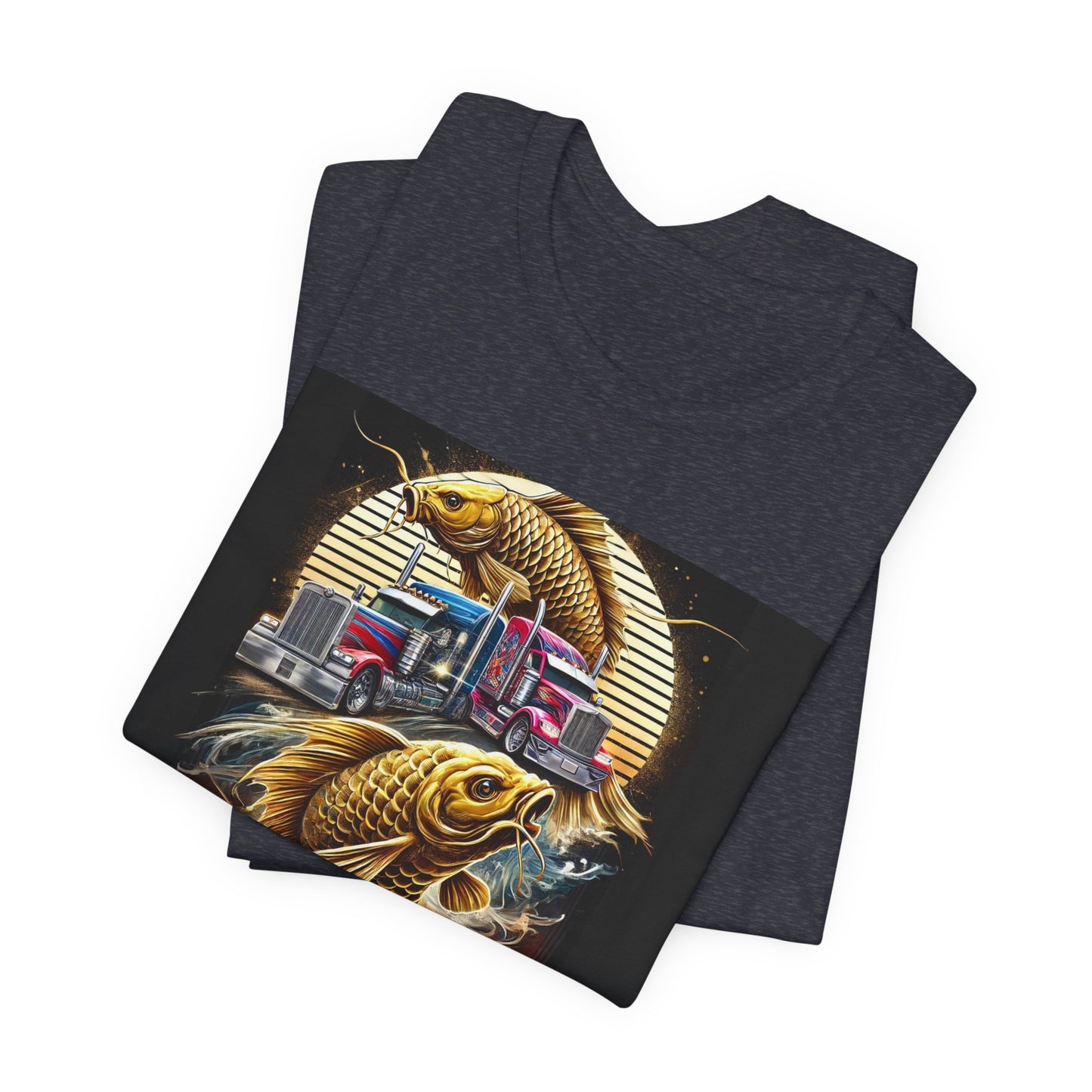 Bold Koi & Truck Fusion T-Shirt | Japanese Golden Carp AND Convoy Art Tee | Vibrant Streetwear for Truckers AND Tattoo Fans