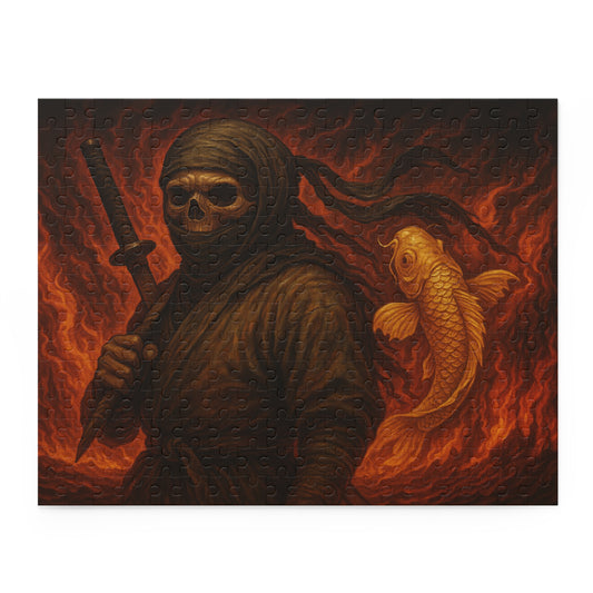 Dark Ninja Skull Puzzle-Gothic Japanese Horror Art, Golden Koi & Fire, High-Detail Mystery Warrior Jigsaw for Adults, Unique Gift Idea