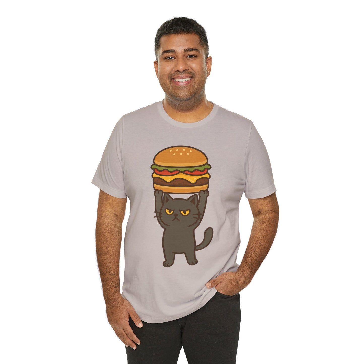 "Hanba-nyaa~" Cute Japanese Cat T-Shirt – Funny Burger & Cat Design – Kawaii Style Unisex Tee – Gift for Food & Cat Lovers