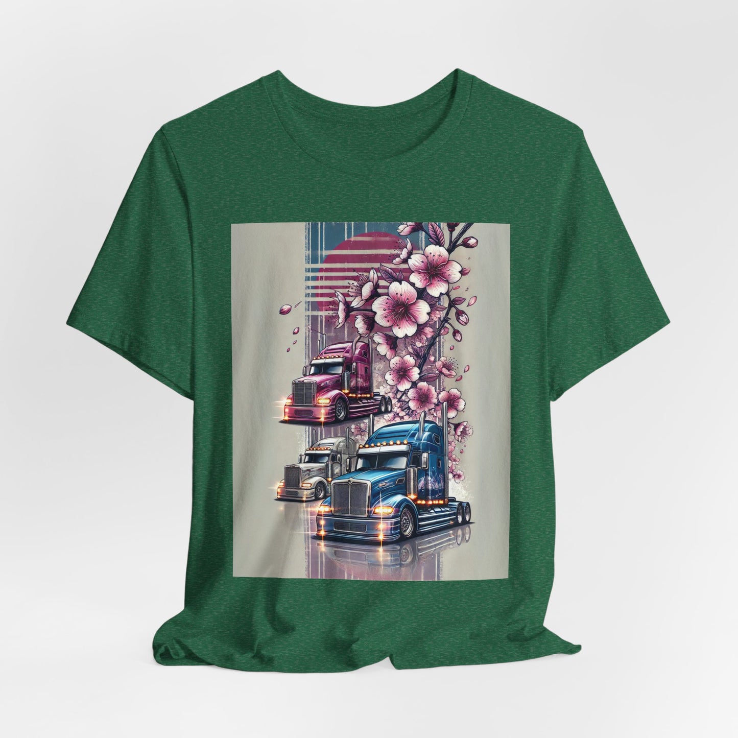 Cherry Blossom Convoy T-Shirt | Japanese Sakura x Modern Truck Art | Unique Graphic Tee for Drivers & Streetwear Lovers No.004