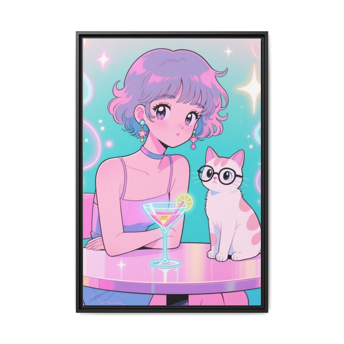 Anime Girl and Cat Canvas Pastel Neon Retro Shoujo Wall Art Kawaii Cocktail Aesthetic Gift for Daughter or Dad