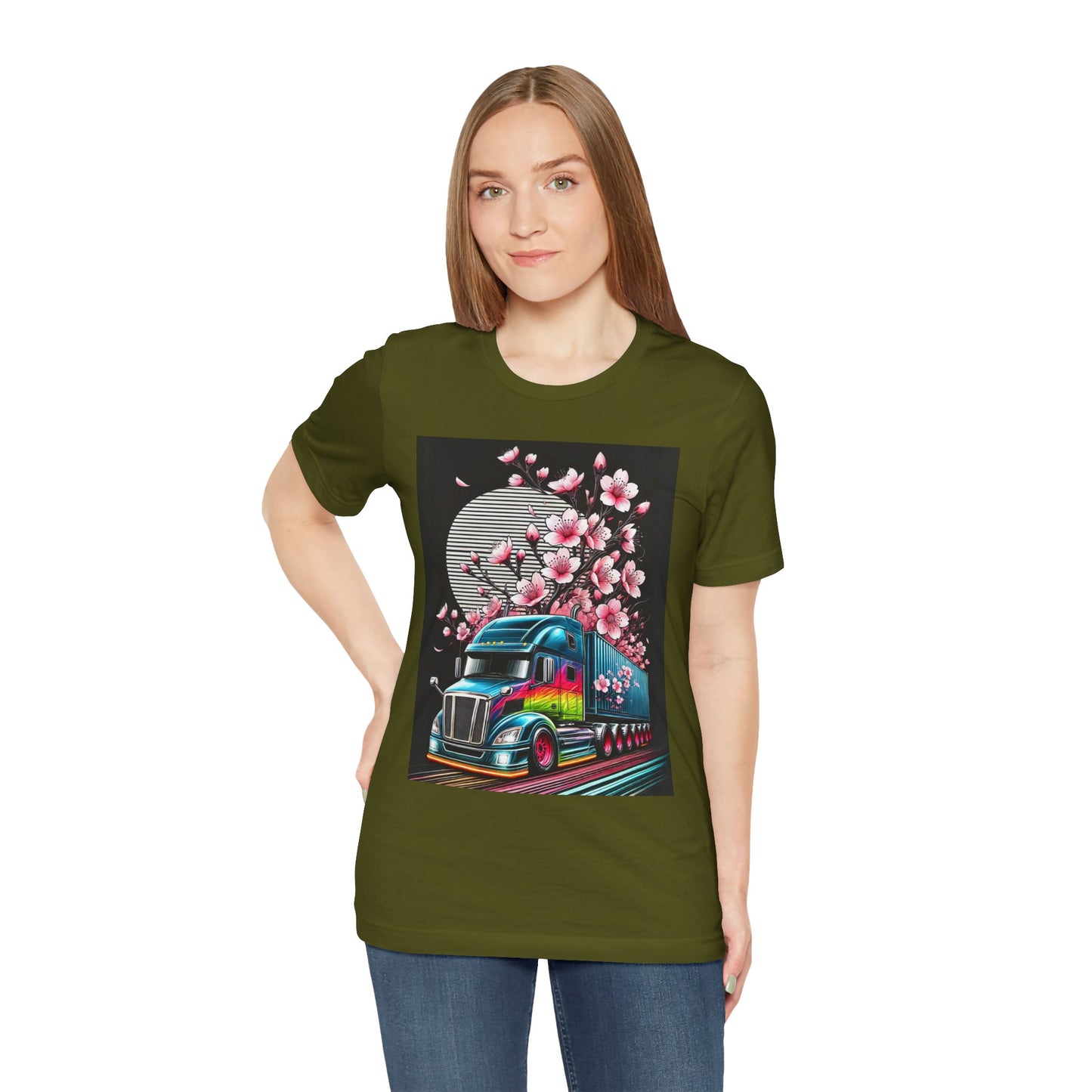 Cherry Blossom Convoy T-Shirt | Japanese Sakura x Modern Truck Art | Unique Graphic Tee for Drivers & Streetwear Lovers No.003
