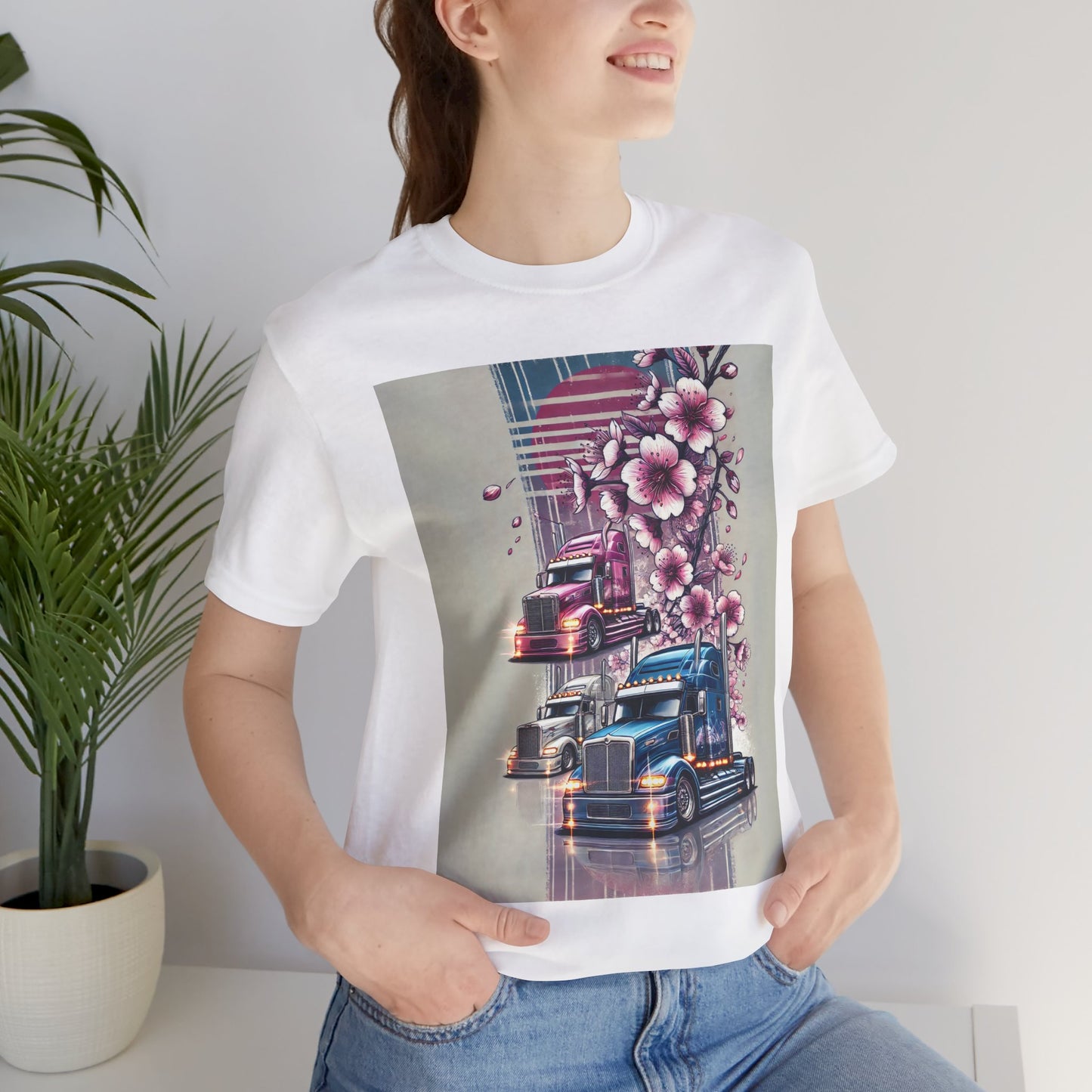 Cherry Blossom Convoy T-Shirt | Japanese Sakura x Modern Truck Art | Unique Graphic Tee for Drivers & Streetwear Lovers No.004