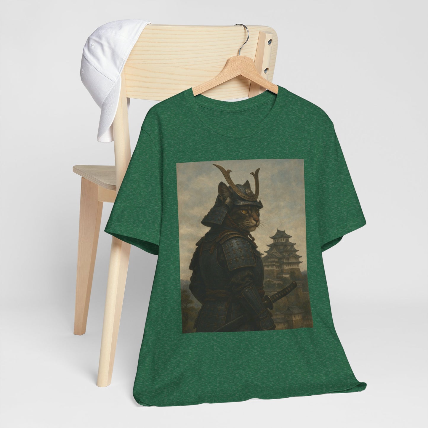Cat Samurai Vigil Tee | Armored Feline Warrior w/ Castle Backdrop | Japanese Art Unisex Shirt