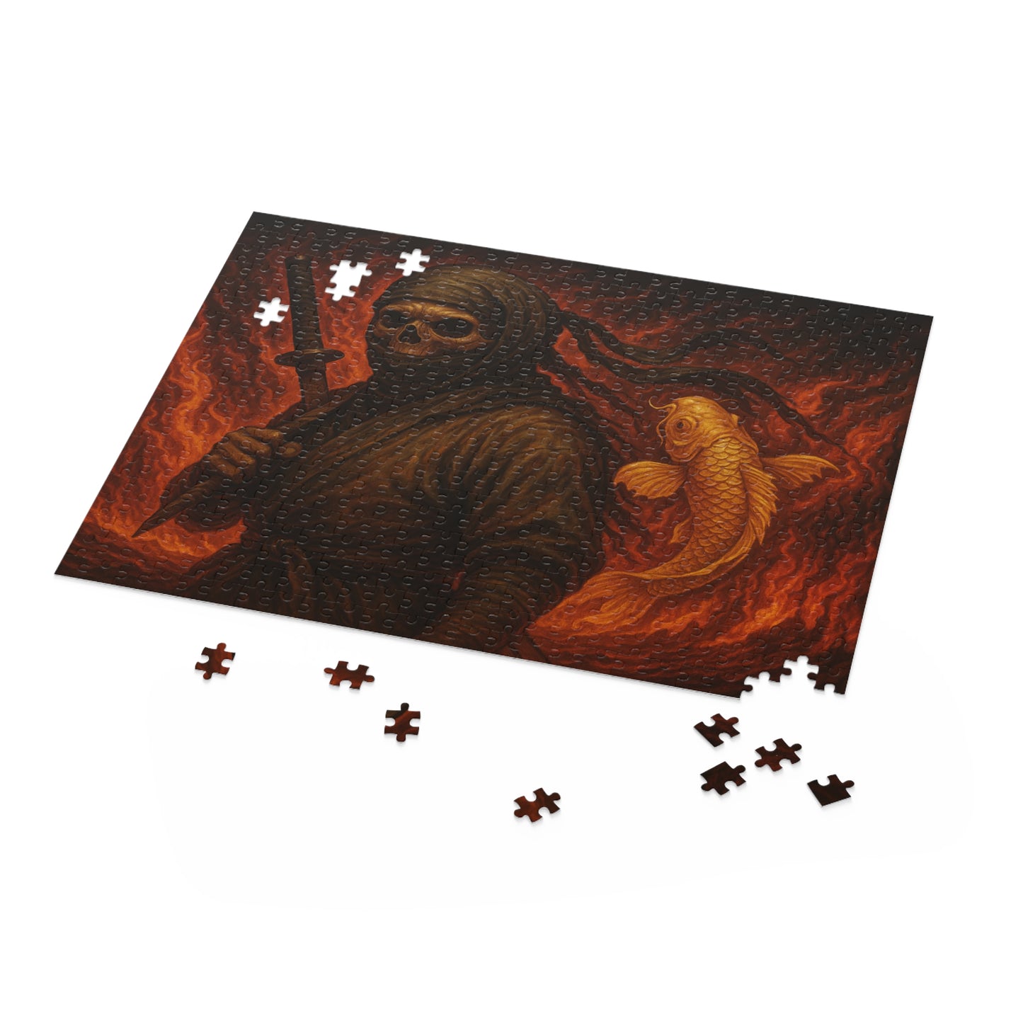 Dark Ninja Skull Puzzle-Gothic Japanese Horror Art, Golden Koi & Fire, High-Detail Mystery Warrior Jigsaw for Adults, Unique Gift Idea