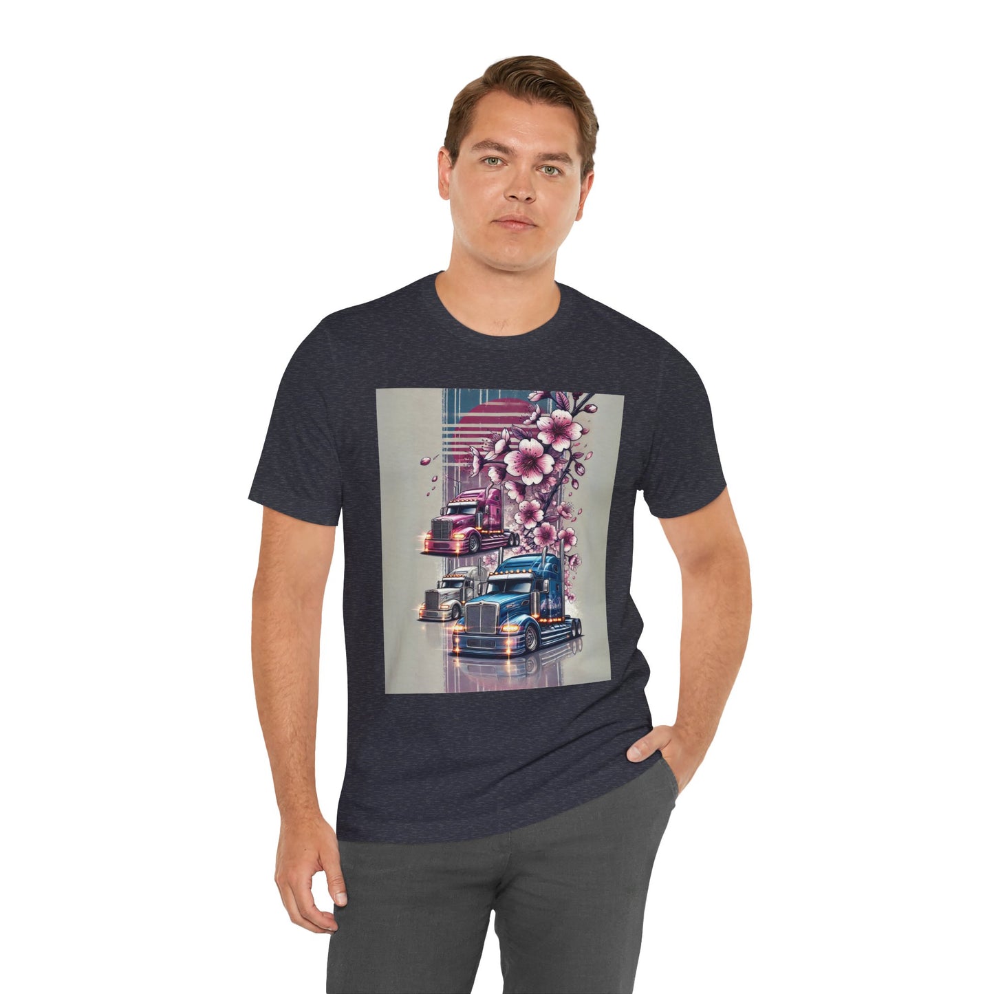 Cherry Blossom Convoy T-Shirt | Japanese Sakura x Modern Truck Art | Unique Graphic Tee for Drivers & Streetwear Lovers No.004