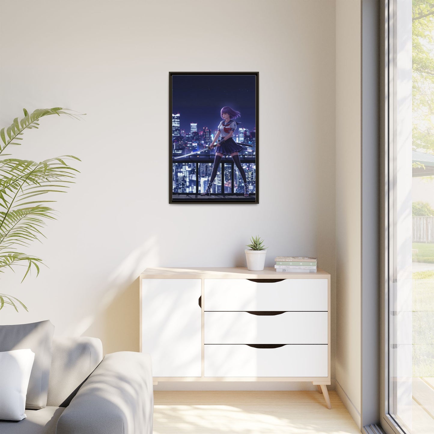 Anime Warrior Girl Canvas Tokyo Night Skyline Katana Wall Art Futuristic Heroine Gift for Daughter or Dad Gaming Room Decor