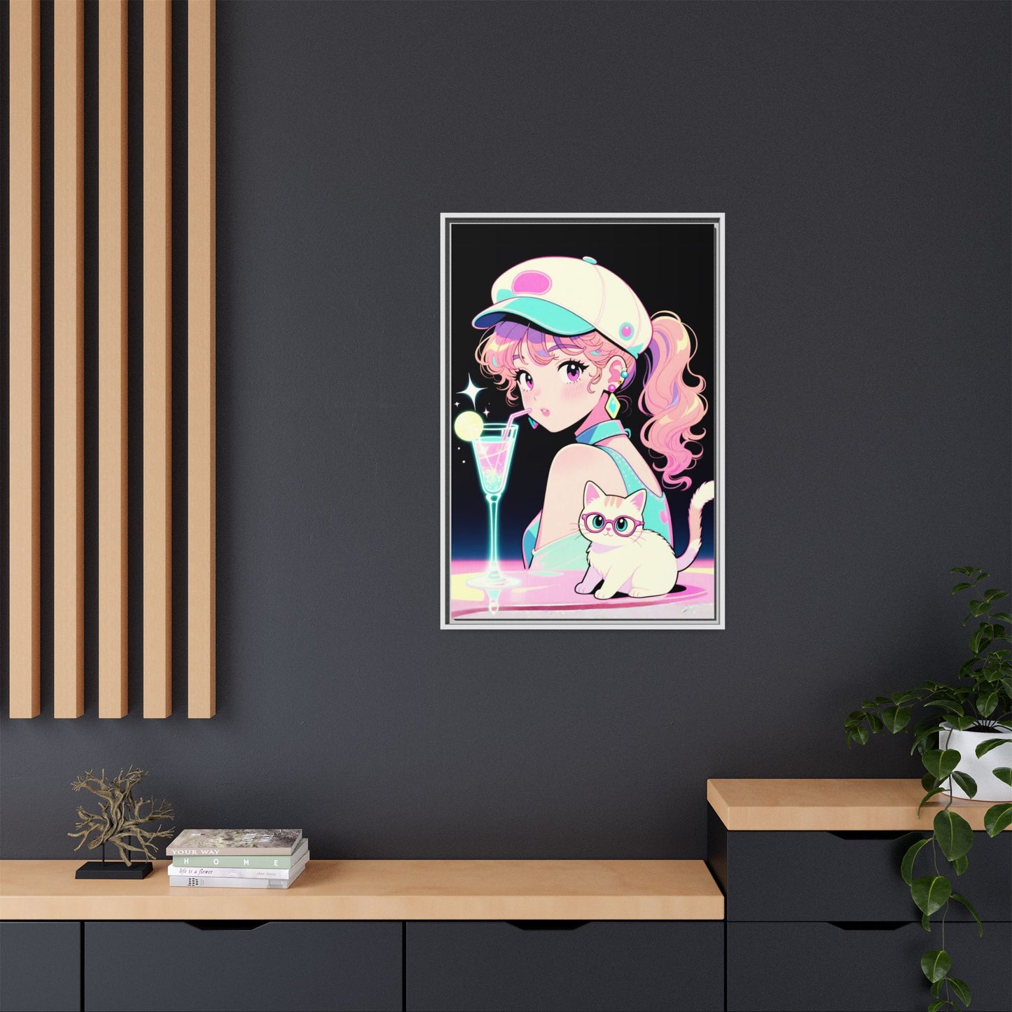 Retro Girl and Cat Canvas Vaporwave Pastel Anime Shoujo Wall Art Neon Cocktail Aesthetic Kawaii Gift for Daughter or Dad