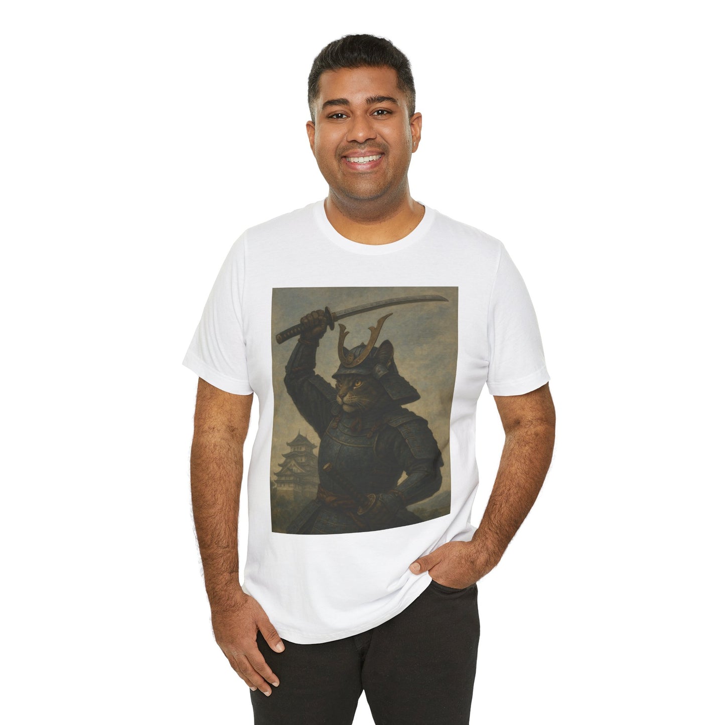 Cat Samurai Strike Tee | Epic Armored Feline Raising Katana | Japanese Warrior Art Unisex Shirt