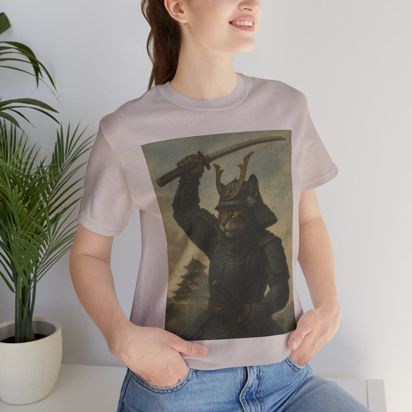 Cat Samurai Strike Tee | Epic Armored Feline Raising Katana | Japanese Warrior Art Unisex Shirt