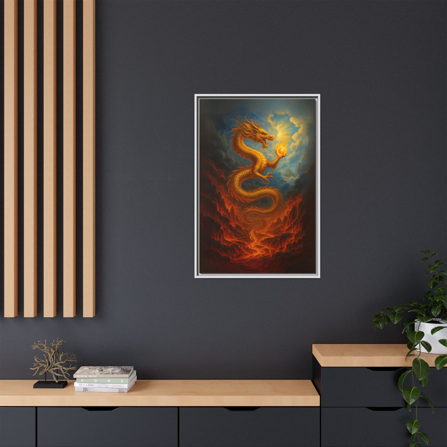 Golden Dragon Canvas Feng Shui Wall Art Asian Myth Painting Fire and Cloud Temple Inspired Good Luck Decor Gift for Dad