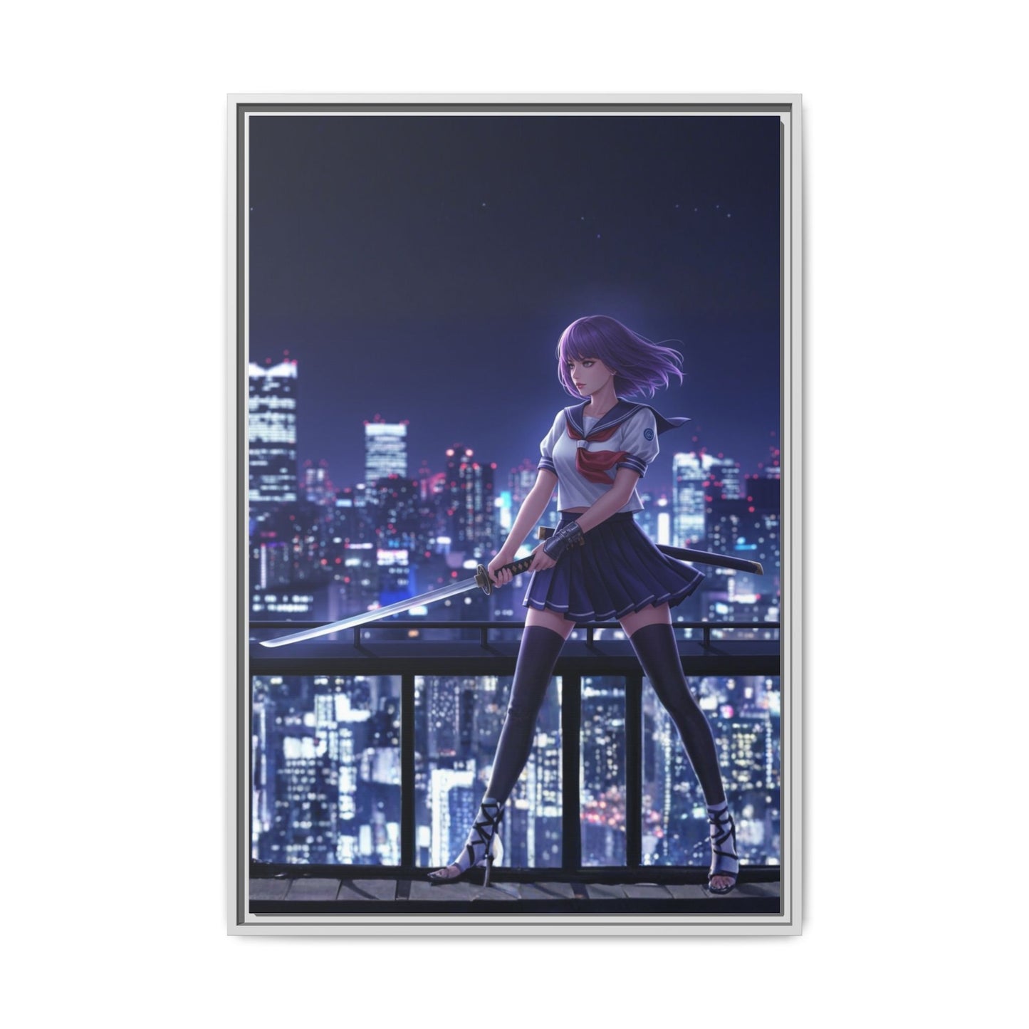 Anime Warrior Girl Canvas Tokyo Night Skyline Katana Wall Art Futuristic Heroine Gift for Daughter or Dad Gaming Room Decor