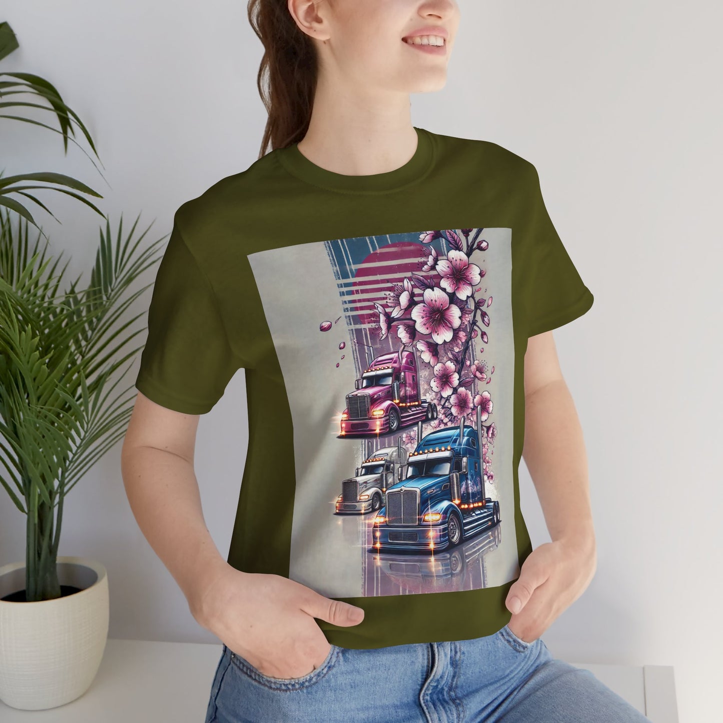 Cherry Blossom Convoy T-Shirt | Japanese Sakura x Modern Truck Art | Unique Graphic Tee for Drivers & Streetwear Lovers No.004