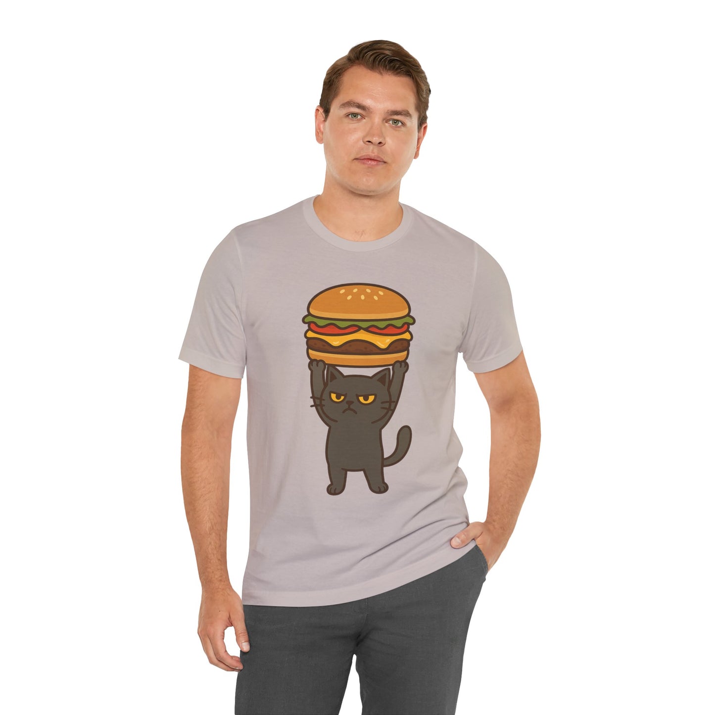 "Hanba-nyaa~" Cute Japanese Cat T-Shirt – Funny Burger & Cat Design – Kawaii Style Unisex Tee – Gift for Food & Cat Lovers
