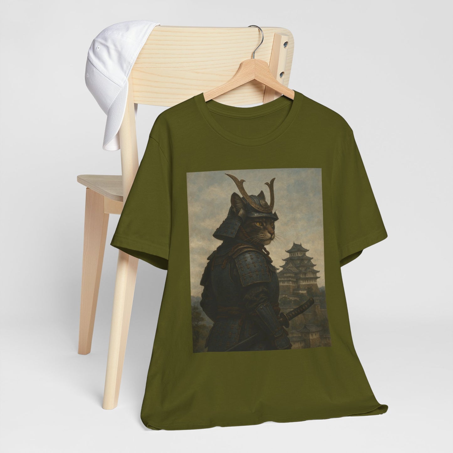 Cat Samurai Vigil Tee | Armored Feline Warrior w/ Castle Backdrop | Japanese Art Unisex Shirt