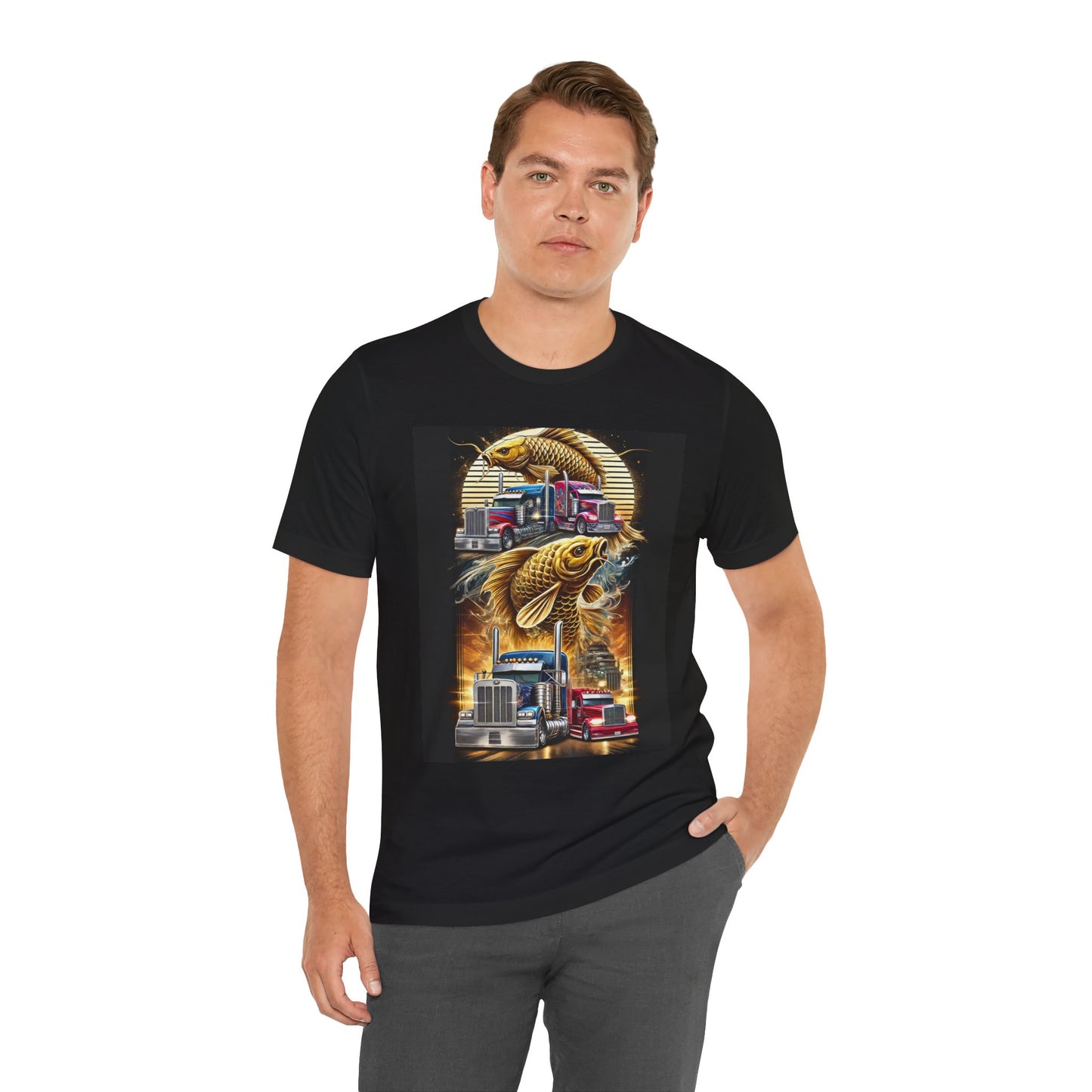 Bold Koi & Truck Fusion T-Shirt | Japanese Golden Carp AND Convoy Art Tee | Vibrant Streetwear for Truckers AND Tattoo Fans