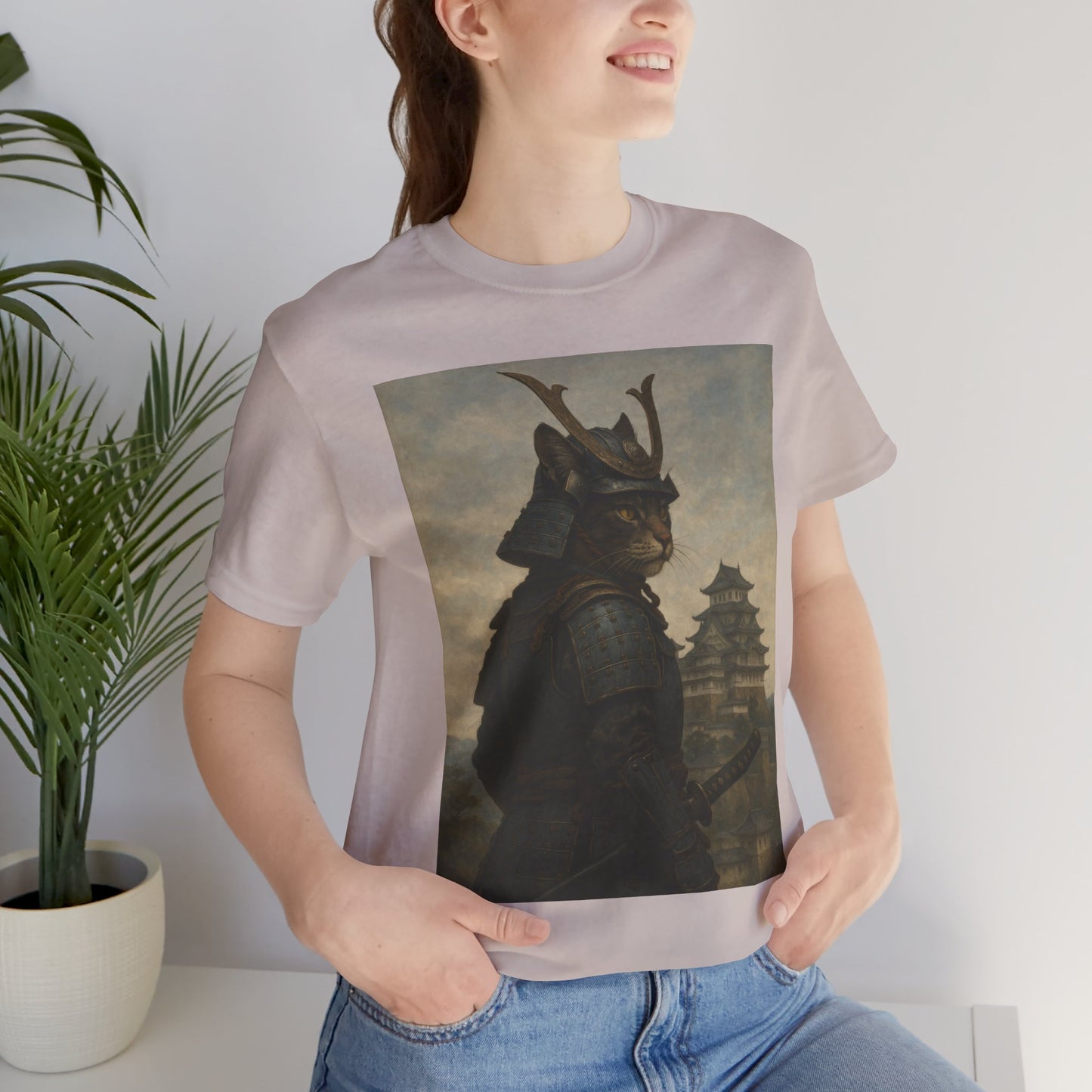 Cat Samurai Vigil Tee | Armored Feline Warrior w/ Castle Backdrop | Japanese Art Unisex Shirt