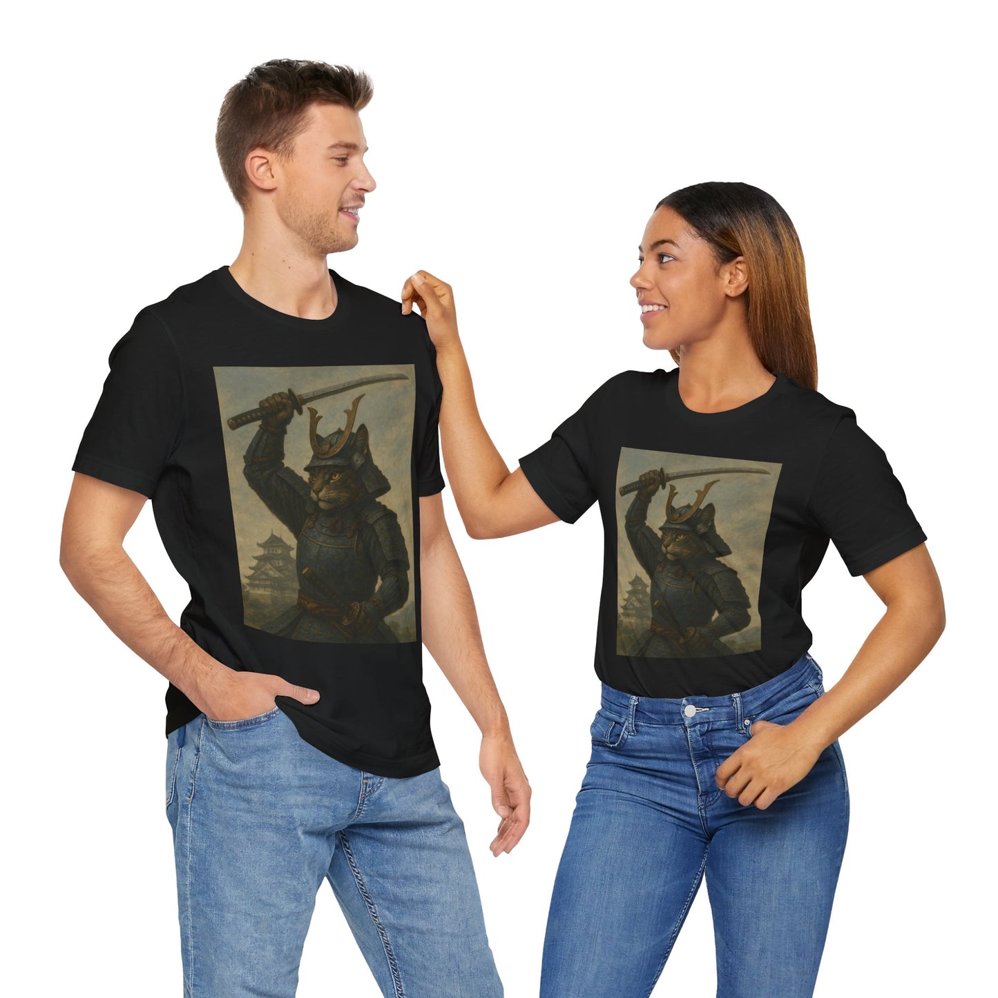 Cat Samurai Strike Tee | Epic Armored Feline Raising Katana | Japanese Warrior Art Unisex Shirt