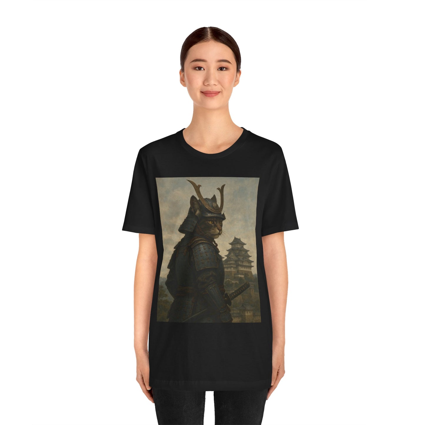 Cat Samurai Vigil Tee | Armored Feline Warrior w/ Castle Backdrop | Japanese Art Unisex Shirt