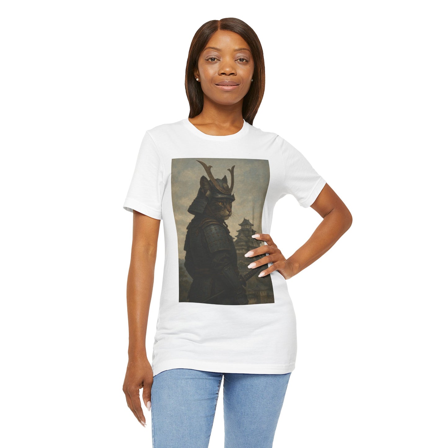 Cat Samurai Vigil Tee | Armored Feline Warrior w/ Castle Backdrop | Japanese Art Unisex Shirt