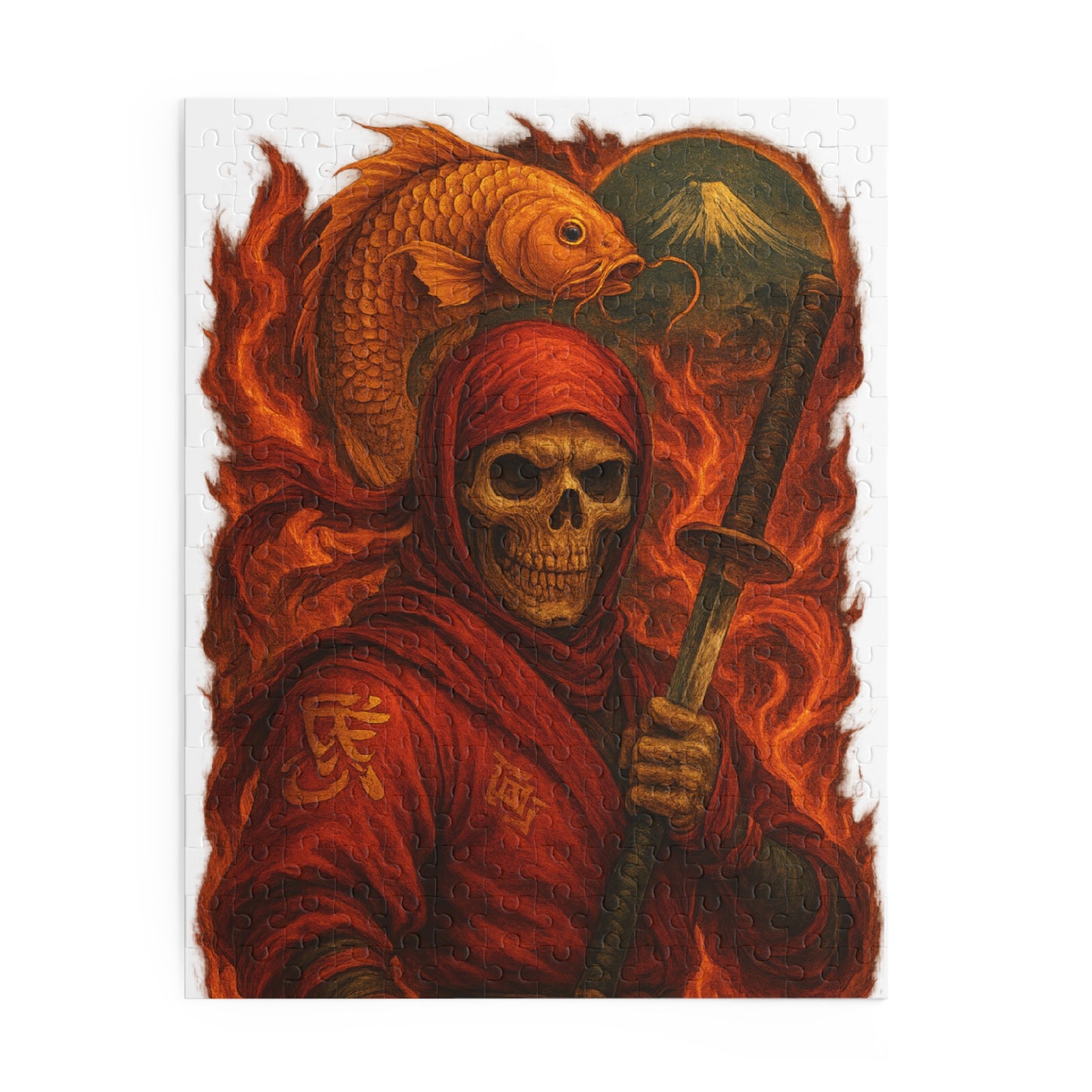 Dark Ninja Skull Puzzle-Gothic Japanese Horror Art, Golden Koi & Fire, High-Detail Mystery Warrior Jigsaw for Adults, Unique Gift Idea