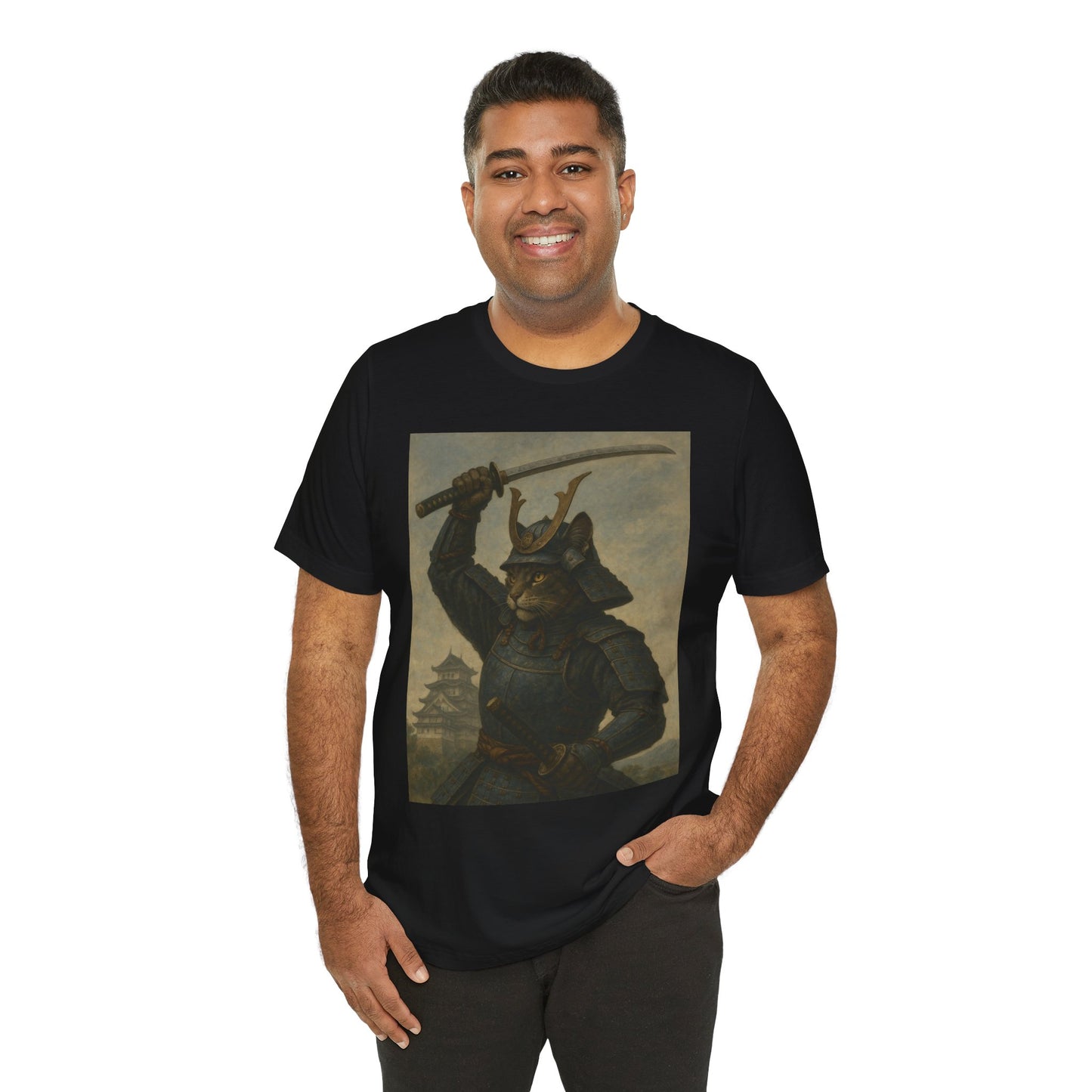 Cat Samurai Strike Tee | Epic Armored Feline Raising Katana | Japanese Warrior Art Unisex Shirt