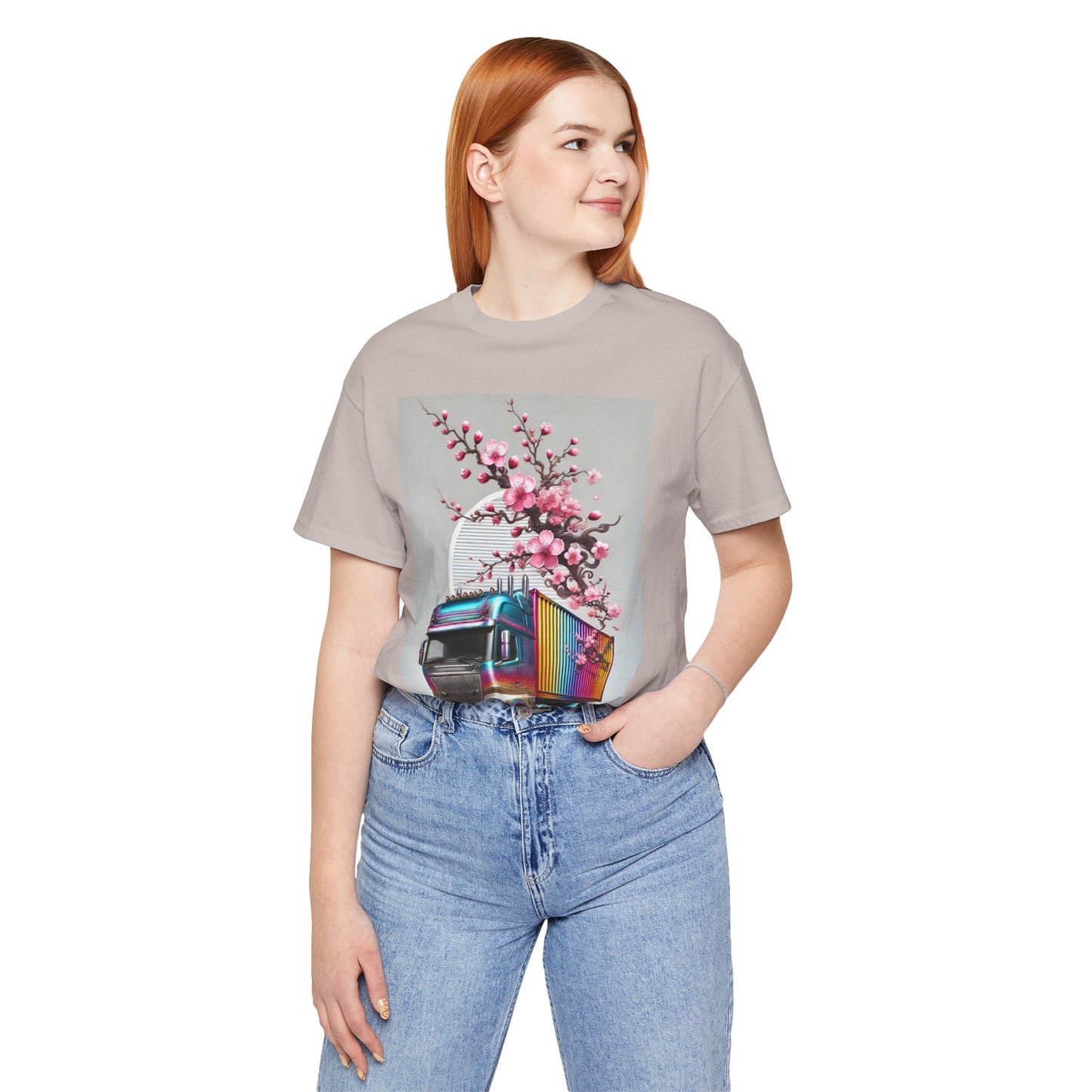 Cherry Blossom Convoy T-Shirt | Japanese Sakura x Modern Truck Art | Unique Graphic Tee for Drivers & Streetwear Lovers No.007