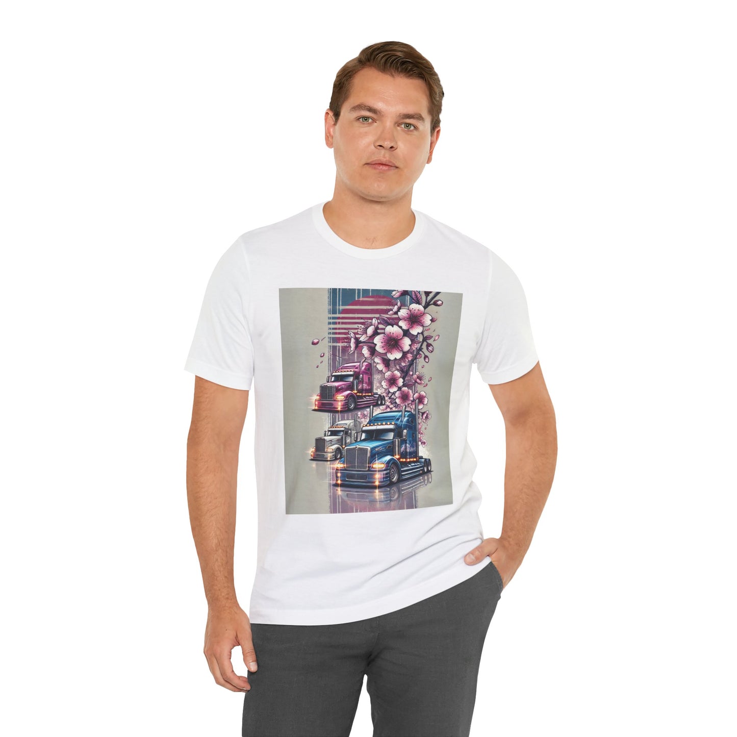 Cherry Blossom Convoy T-Shirt | Japanese Sakura x Modern Truck Art | Unique Graphic Tee for Drivers & Streetwear Lovers No.004