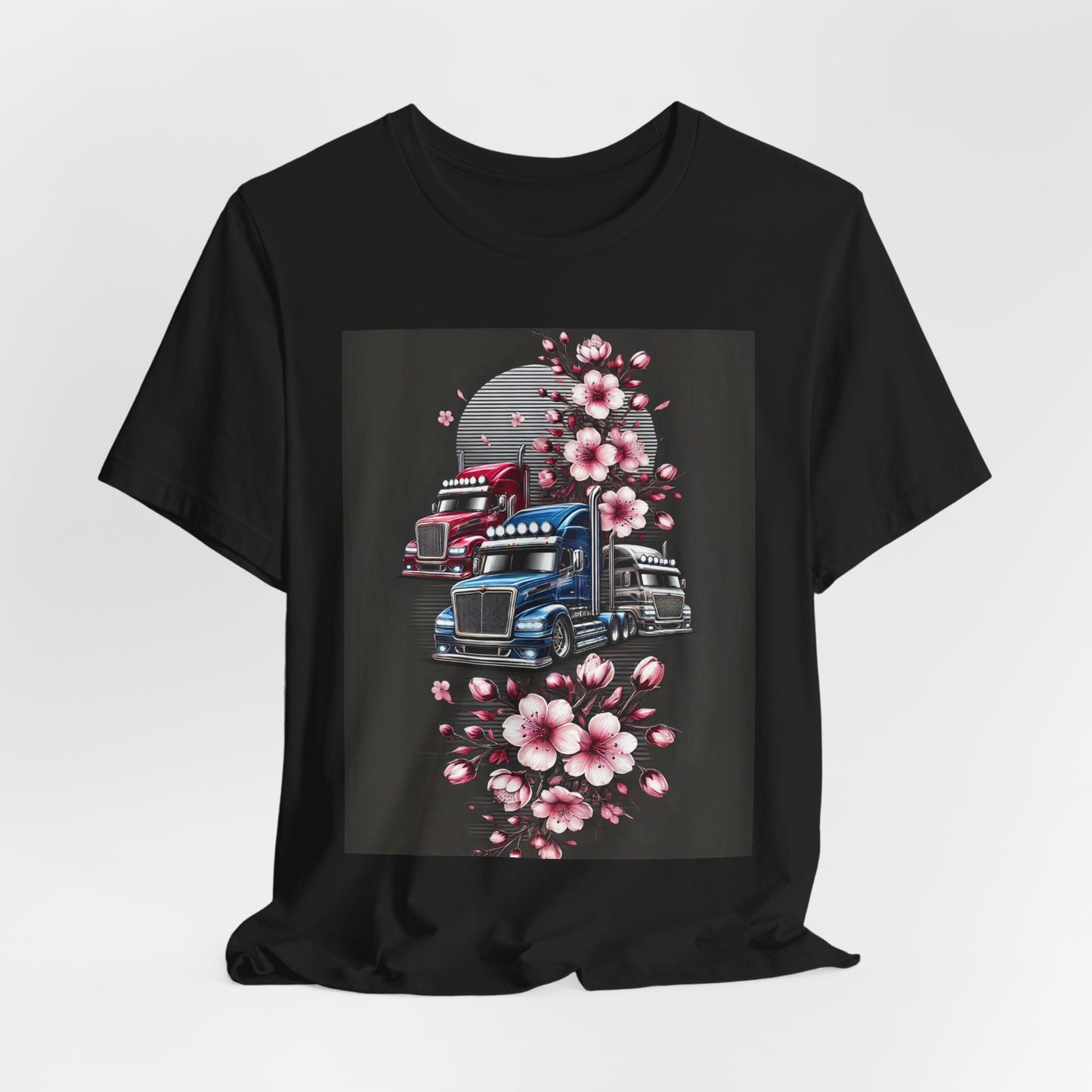 Cherry Blossom Convoy T-Shirt | Japanese Sakura x Modern Truck Art | Unique Graphic Tee for Drivers & Streetwear Lovers No.005