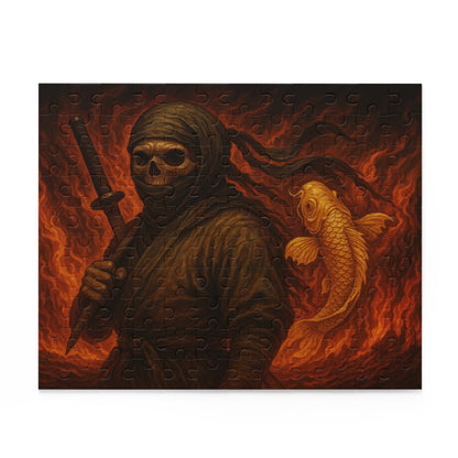 Dark Ninja Skull Puzzle-Gothic Japanese Horror Art, Golden Koi & Fire, High-Detail Mystery Warrior Jigsaw for Adults, Unique Gift Idea