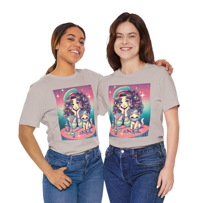 Retro Girl and Cat Graphic Tee Vaporwave Pastel Aesthetic Cocktail Lounge 80s Inspired Shoujo Style T Shirt Gift for Daughter or Dad